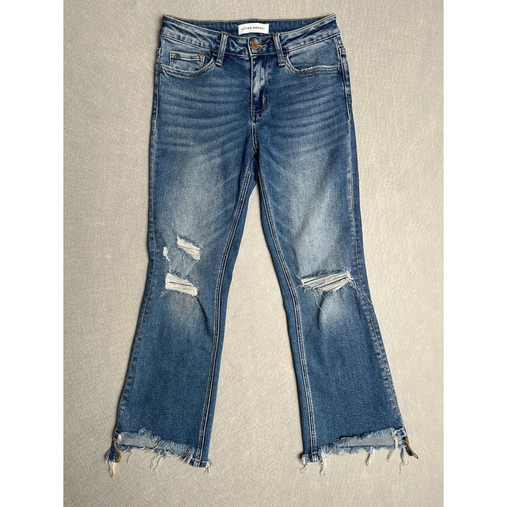 Flying Monkey Distressed Kick Flare Jeans Medium Wash Frayed Hem F4706 Size 26